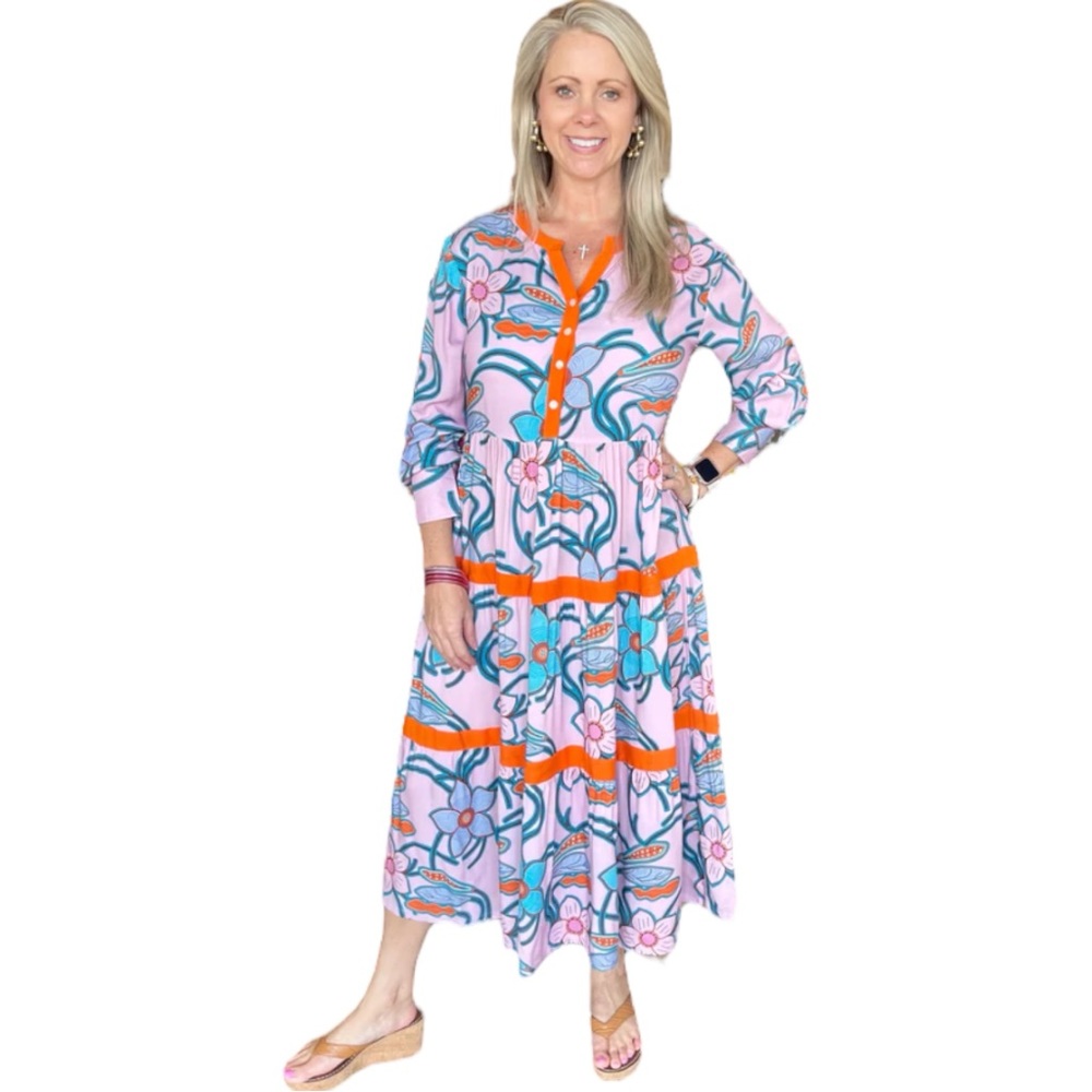 Briton Court Women's‎ Large Tiered Monet Garden Midi Dress Scarlett Floral